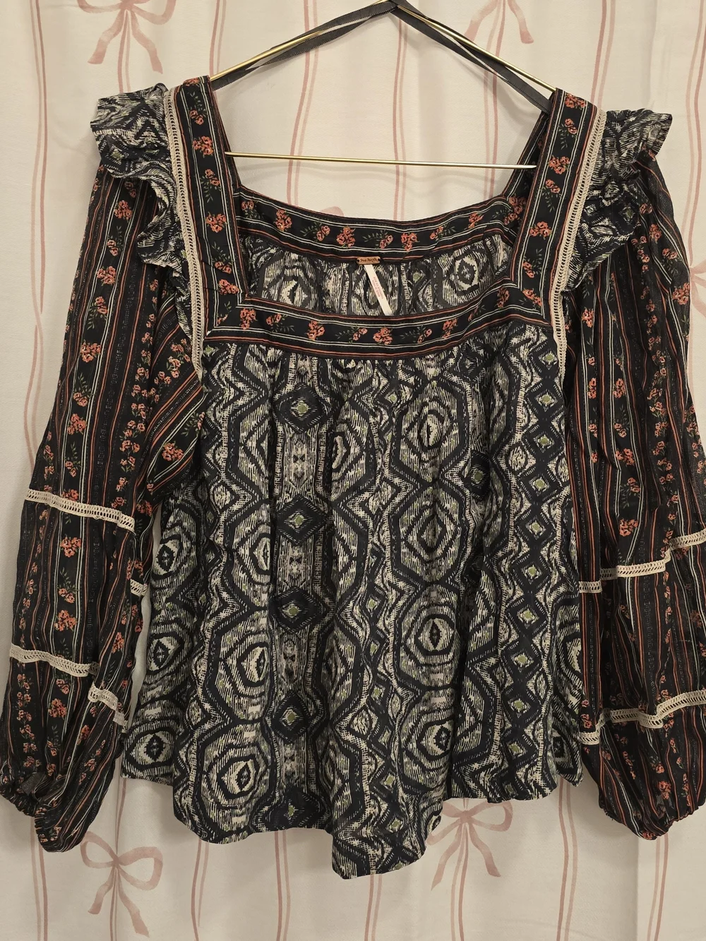 Free People Black and Brown Printed Square-Neck Boho Blouse